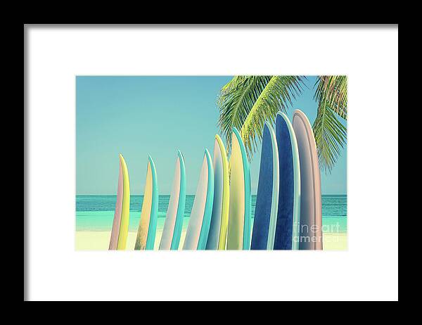 Surfboard Framed Print featuring the photograph Row of surfboards, vintage surf by Delphimages Photo Creations