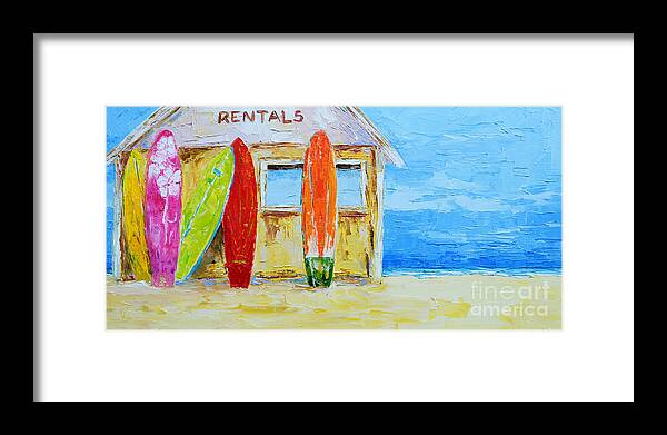 Surfboard Rental Shack At The Beach Framed Print featuring the painting Surf board Rental Shack at the Beach - Modern Impressionist Palette Knife work by Patricia Awapara