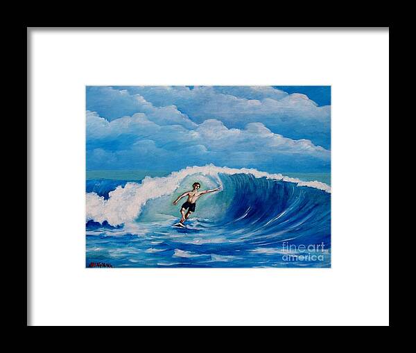 Waves Framed Print featuring the painting Surfing on the waves by Jean Pierre Bergoeing