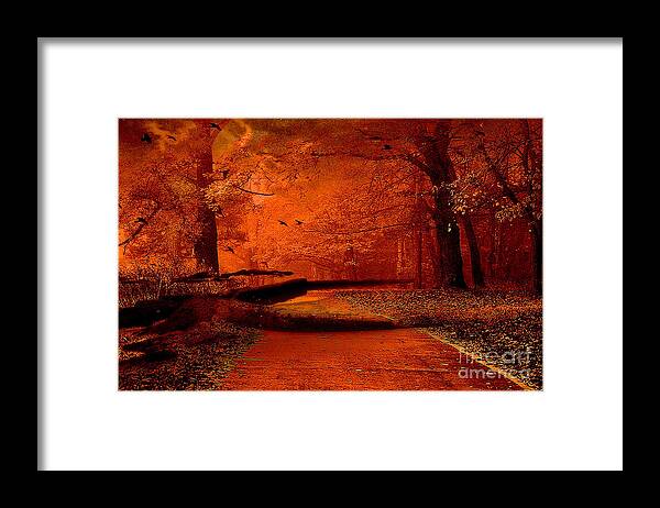 Trees Nature Photos Framed Print featuring the photograph Surreal Fantasy Autumn Fall Orange Woods Nature Forest by Kathy Fornal