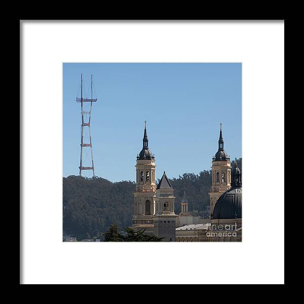 Wingsdomain Framed Print featuring the photograph Sutro Tower and St Ignatius Church San Francisco California 5d3268 square by San Francisco