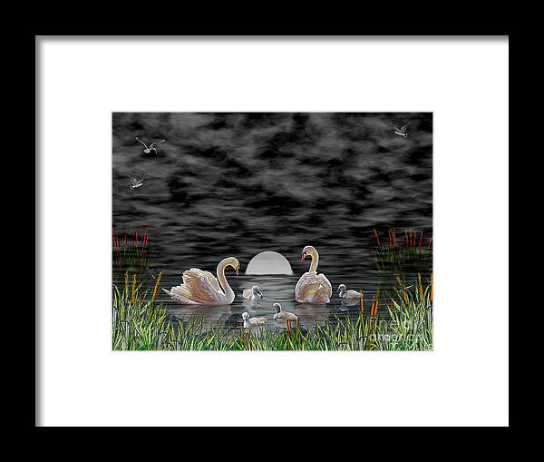 Swan Framed Print featuring the digital art Swan Family by Terri Mills
