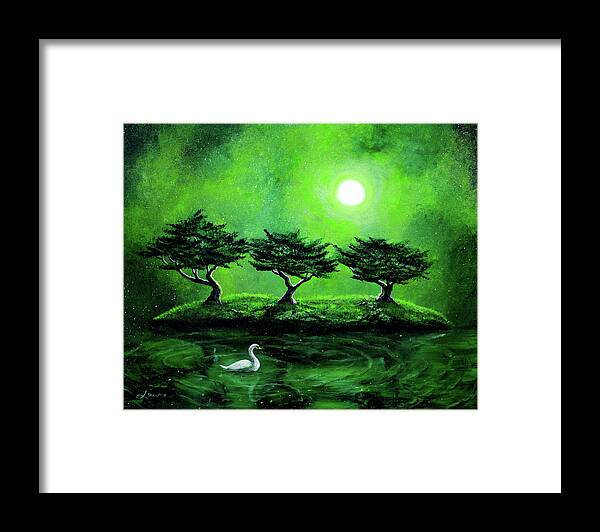 Swan Framed Print featuring the painting Swan in an Emerald Lake by Laura Iverson