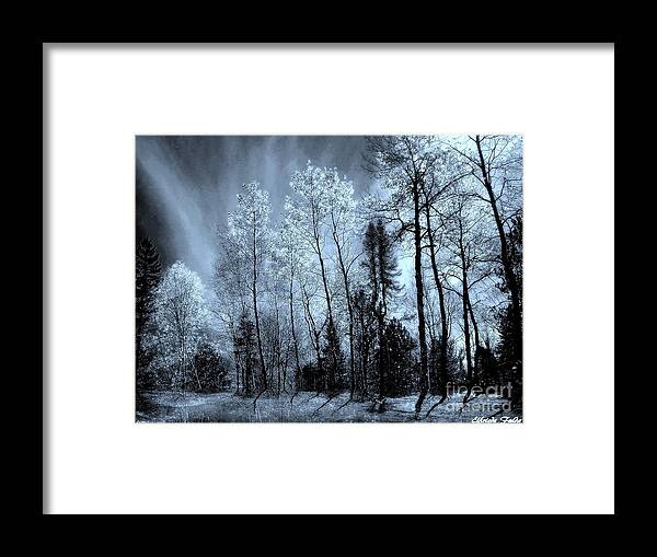 Grey Blue Trees Tall Reflections Water Rays Sky Framed Print featuring the mixed media Swaying by Elfriede Fulda