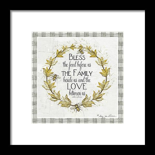 Bless The Food Framed Print featuring the painting Sweet Life Farmhouse 4 Laurel Leaf Wreath Bee Bless This Food by Audrey Jeanne Roberts