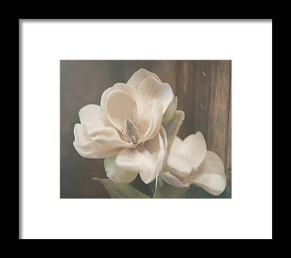 Sweet Magnolia Blossom By Tl Wilson Photography Is A Digital Painting Made From An Original Photograph Of A Magnolia Blossom Against A Rustic Background. Framed Print featuring the mixed media Sweet Magnolia Blossom by Teresa Wilson