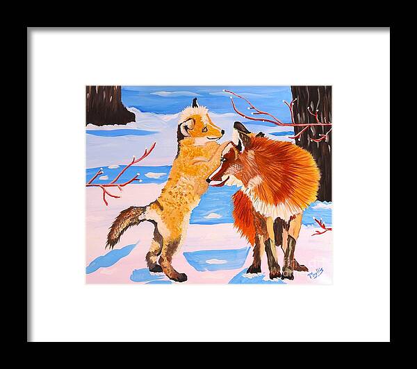 Sweet Vixen And Kit Foxes Framed Print featuring the painting Sweet Vixen and Kit Foxes by Phyllis Kaltenbach