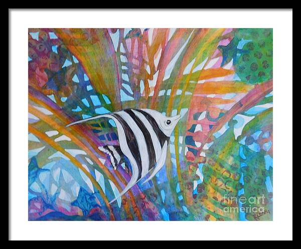 Tropical Angel Fish Rainbow Colors Transparent Acrylic Vibrant One-of-a-kind Original Framed Print featuring the painting Swimming Solo by Joan Clear