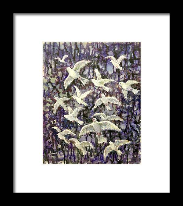 Doves Framed Print featuring the painting Symbol of peace by Laila Awad Jamaleldin