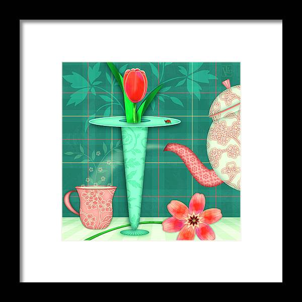 Letter T Framed Print featuring the digital art T is for Two Tulips with Tea by Valerie Drake Lesiak