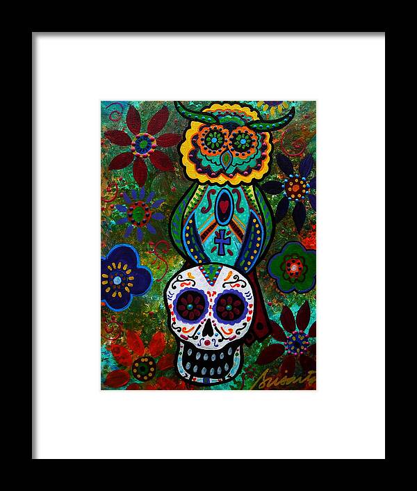 Talavera Owl And Skull Framed Print featuring the painting Talavera Owl And Skull by Pristine Cartera Turkus