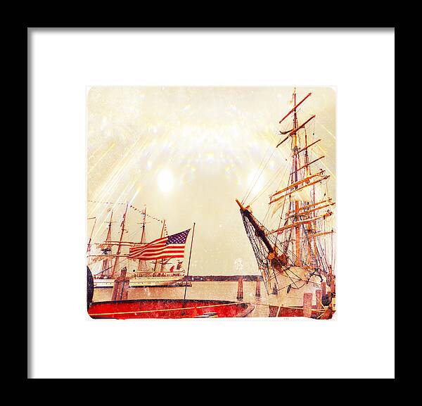  Usa Tall Ships Framed Print featuring the photograph Tall Ships and USA Flag by Stacie Siemsen