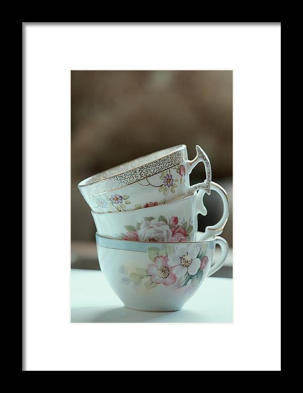 Vintage Teacups Framed Print featuring the photograph Tea for Three by Bonnie Bruno