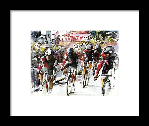Tdf Framed Print featuring the painting Team Win BMC by Shirley Peters