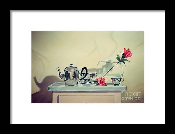 Rose Framed Print featuring the painting Teapot and roses on stand by Christopher Shellhammer