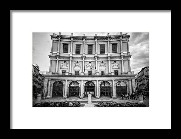 Joan Carroll Framed Print featuring the photograph Teatro Real Madrid BW by Joan Carroll