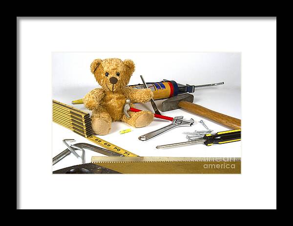 Construction Framed Print featuring the photograph Teddy bear repairman by Karen Foley