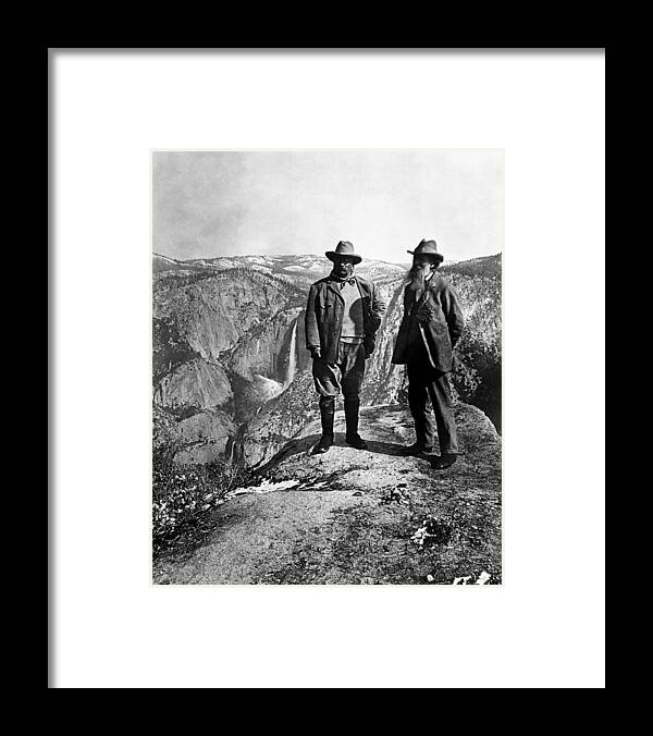 President Roosevelt Framed Print featuring the photograph Teddy Roosevelt and John Muir - Glacier Point Yosemite Valley - 1903 by War Is Hell Store