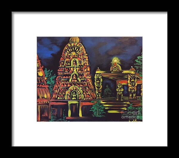 Temple Framed Print featuring the painting Temple lights in the night by Brindha Naveen