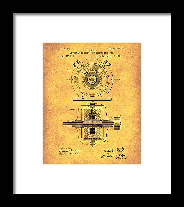 Tesla Framed Print featuring the drawing Tesla Generator 1891 Patent Art Gold by Prior Art Design