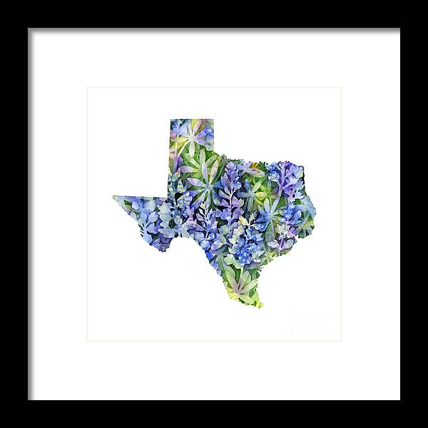 Texas Framed Print featuring the painting Texas Blue Texas Map on White by Hailey E Herrera