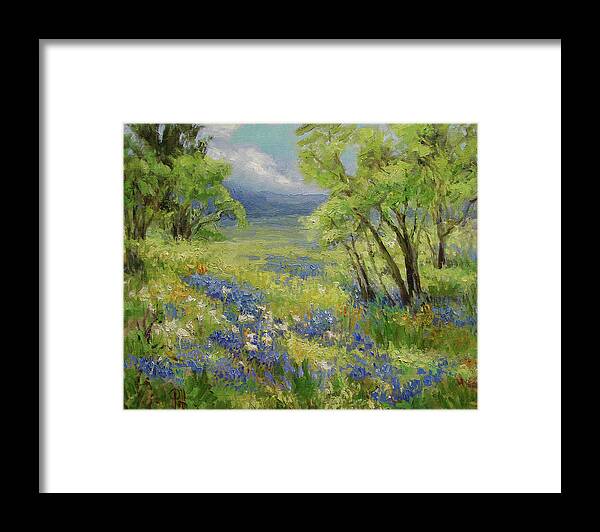 Texas Framed Print featuring the painting Texas Bluebonnets And Mesquite by Lilli Pell