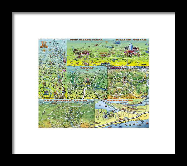 Texas Framed Print featuring the digital art Texas FUN Maps by Kevin Middleton