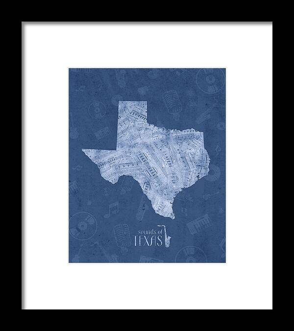 Texas Framed Print featuring the digital art Texas Map Music Notes 5 by Bekim M