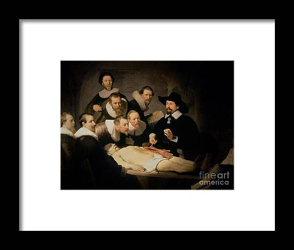 The Framed Print featuring the painting The Anatomy Lesson of Doctor Nicolaes Tulp by Rembrandt Harmenszoon van Rijn