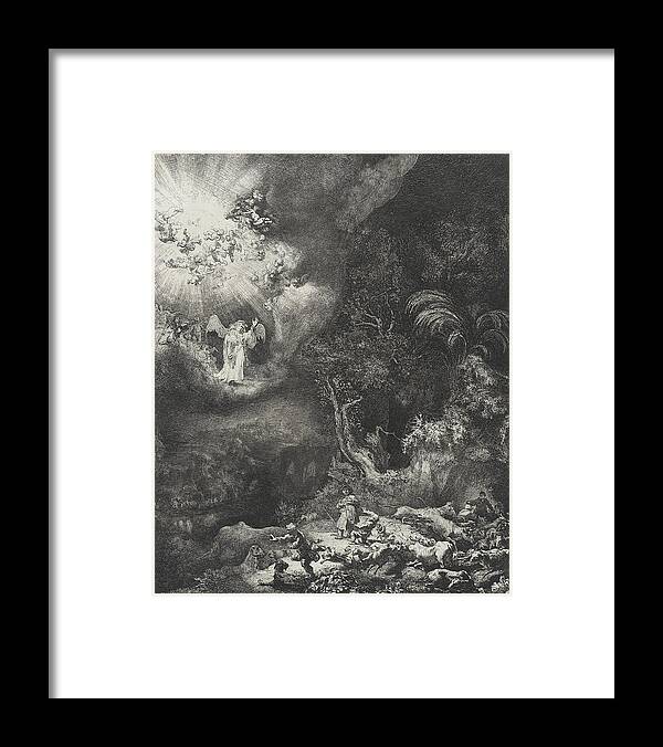 Rembrandt Framed Print featuring the drawing The Angel Appearing to the Shepherds by Rembrandt