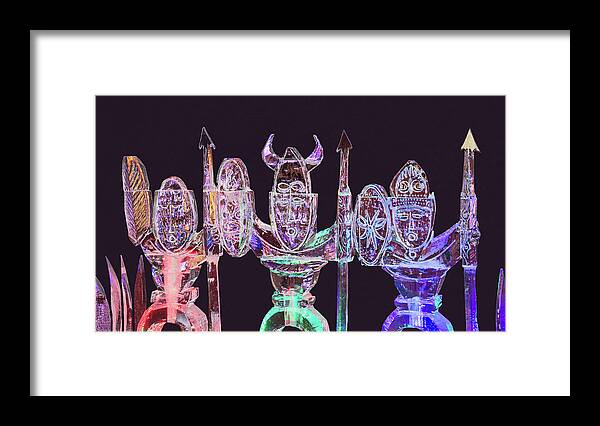 Ice Sculptures Framed Print featuring the photograph The Annual Ice-sculpting Festival In The Colorado Rocies, Masked African Tribesmen, Nighttime Shot by Bijan Pirnia