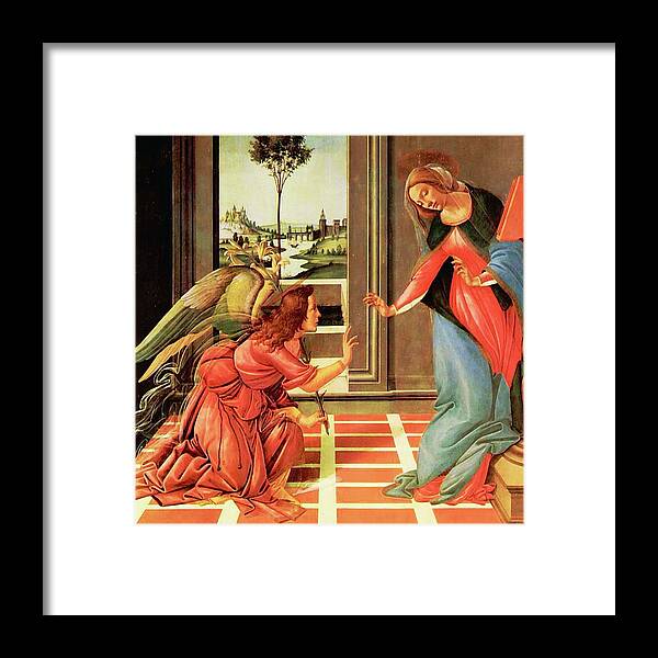 Annunciation Framed Print featuring the mixed media The Annunciation Virgin Mary Archangel Gabriel by Sandro Botticelli