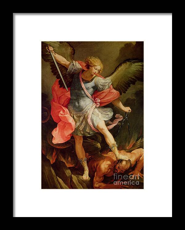 The Framed Print featuring the painting The Archangel Michael defeating Satan by Guido Reni