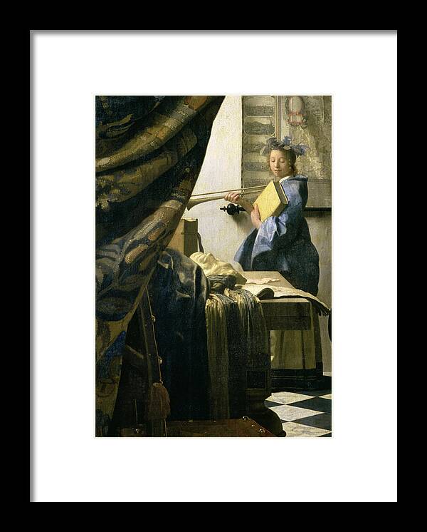 The Framed Print featuring the painting The Artists Studio by Jan Vermeer