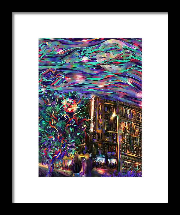Night Scene Framed Print featuring the digital art The Aztec Theater Under the Moonlight by Angela Weddle