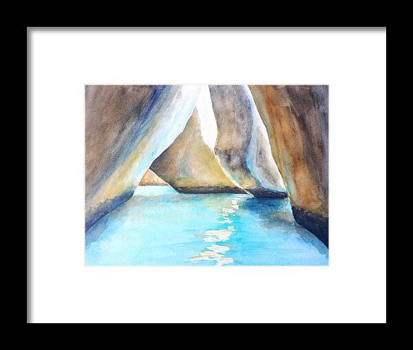 The Bath's Framed Print featuring the painting The Baths Water Cave Path by Carlin Blahnik CarlinArtWatercolor