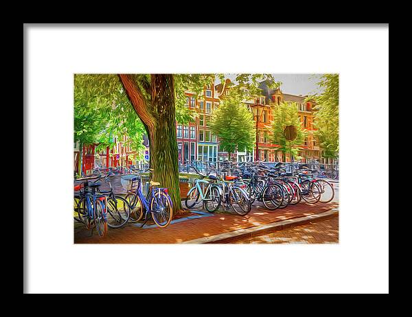 Spring Framed Print featuring the photograph The Bicycles of Amsterdam Watercolor Painting by Debra and Dave Vanderlaan