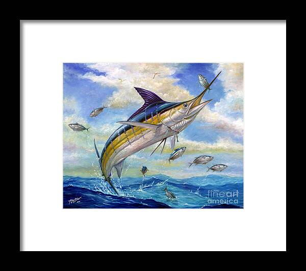 Blue Marlin Framed Print featuring the painting The Blue Marlin Leaping To Eat by Terry Fox