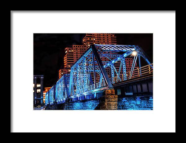 Bridge Framed Print featuring the photograph The Blue Walking Bridge from the River Bank Below at Night by Randall Nyhof