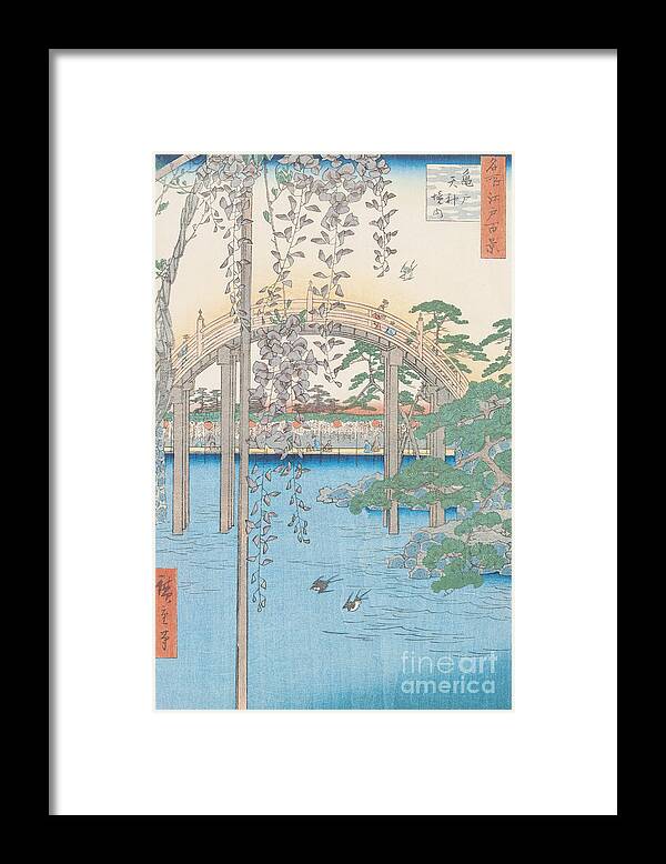 Wooden; River; Tokyo; Flowers; Plant; Blossom Framed Print featuring the drawing The Bridge with Wisteria by Hiroshige