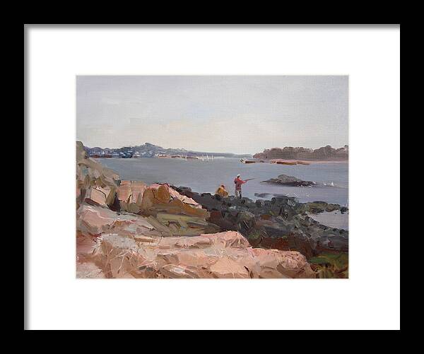 The Bronx Rocky Shore Framed Print featuring the painting The Bronx Rocky Shore by Ylli Haruni