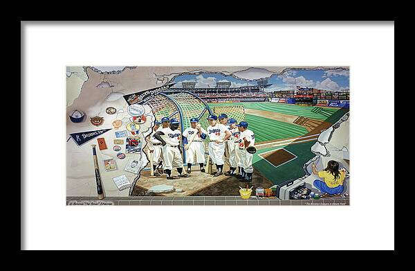 Brooklyn Dodgers Framed Print featuring the painting The Brooklyn Dodgers in Ebbets Field towel version by Bonnie Siracusa