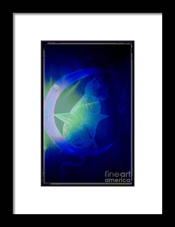 Illuminated Form Of The Backside Of A Cat Looking Off To The Side Sitting On Crescent Shaped Moon With Five Pointed Star In The Front Sunlight And Light Of The Moon Beaming In Mixed Media Acrylic And Digtial Magical Spiritual Works With Cats Moon And Stars Framed Print featuring the painting The Cat Who Wanted to Become a Star by Kimberlee Baxter