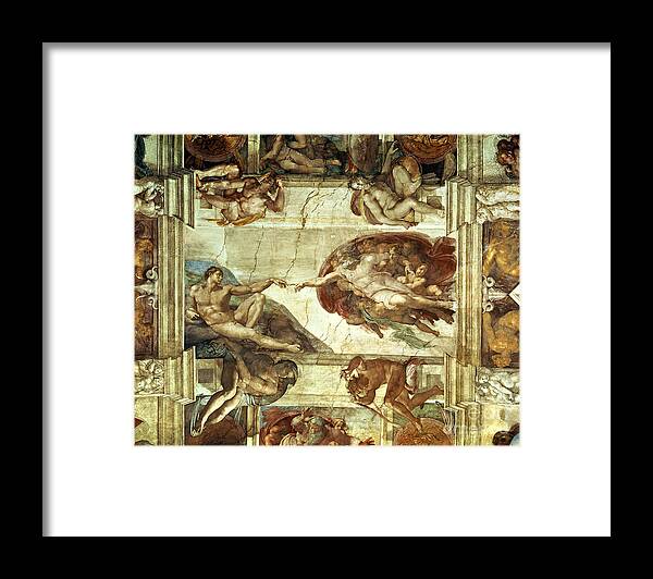 The Creation Of Adam Framed Print featuring the painting The Creation of Adam by Michelangelo
