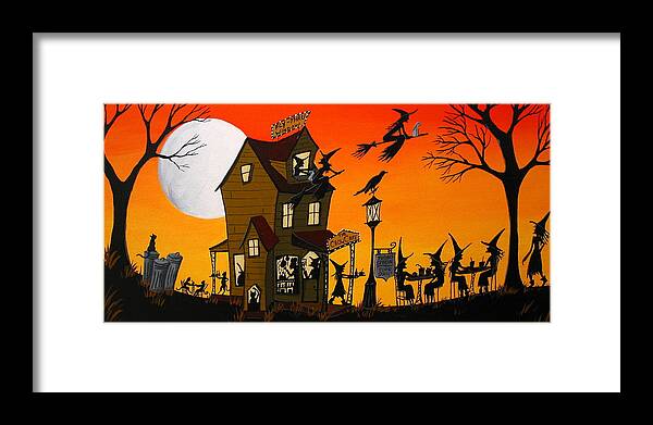 Art Framed Print featuring the painting The Crow Cafe - Halloween witch cat folk art by Debbie Criswell