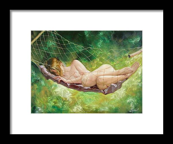 Oil Framed Print featuring the painting The dream in summer garden by Sergey Ignatenko