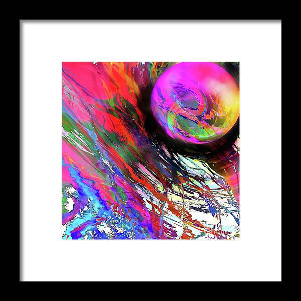 Abstract With A Sci-fi Twist .shifting Level Of Perspective Harboring What Might Be A Planet In This Imaginary Impressionist Universe. Framed Print featuring the digital art The edge of Warp by Priscilla Batzell Expressionist Art Studio Gallery