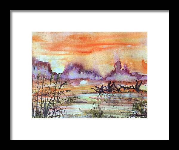 Flamingoes Framed Print featuring the painting The end of the day 2 by Katerina Kovatcheva