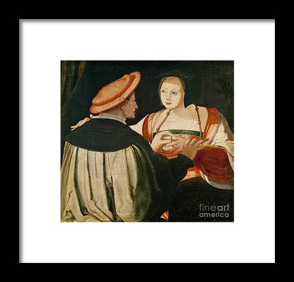 The Framed Print featuring the painting The Engagement by Lucas van Leyden