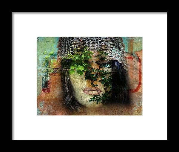 Face Framed Print featuring the digital art The face with the green leaves by Gabi Hampe